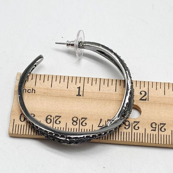 Silver Tone Black Crystal Rhinestone Double Hoop Earrings 1990s - Picture 5 of 5